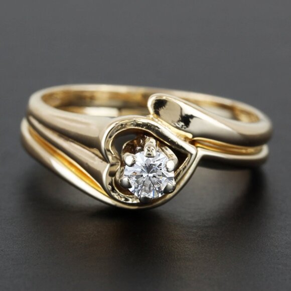 14k Yellow Gold Solitaire Diamond Heart Bridal Wedding Band Engagement Ring Set - Picture 7 of 9